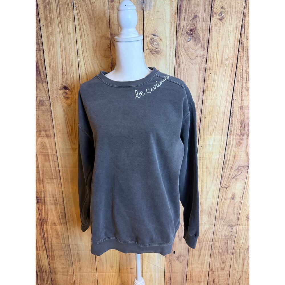 Comfort Colors Be Curious Crewneck Sweatshirt Washed Out Gray Women's Size L